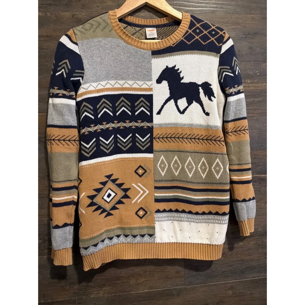 Gymboree Boys Little Rocky Mountain Patchwork Horse Knit Sweater Brown Size 12